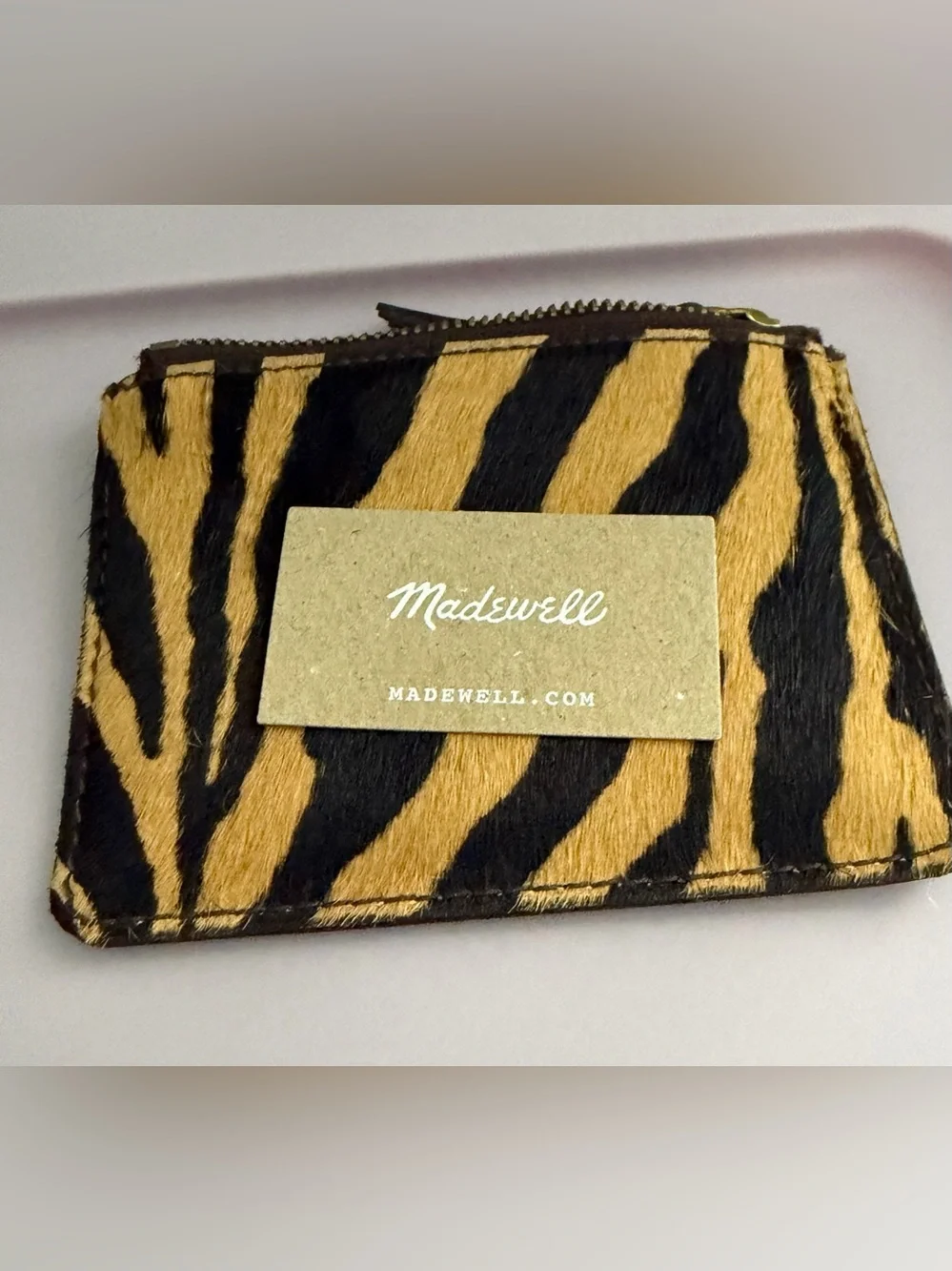 Madewell Zebra-Print Zip Card Case Wallet Dark Brown and Tan Calf Hair 5”x4”